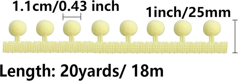 PT'SON 20 Yards Pom Pom Trim Ball Fringe Ribbon, Light Yellow Ribbon Sewing Tassel Ball Applique for DIY, Sewing, Crafts, Decoration - Image 2